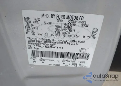 2006 Ford F-150 Fx4/Lariat/Xl/Xlt from USA, damaged, VIN 1FTPX14576NA78311